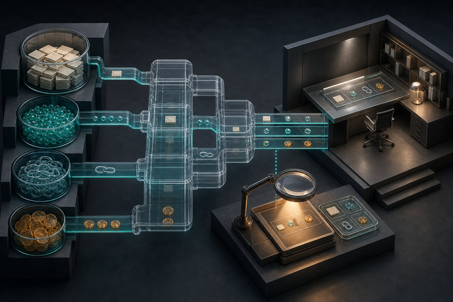 Abstract data reservoirs connect through a transparent gateway to a workspace, with a separate inspection station checking the incoming data objects.