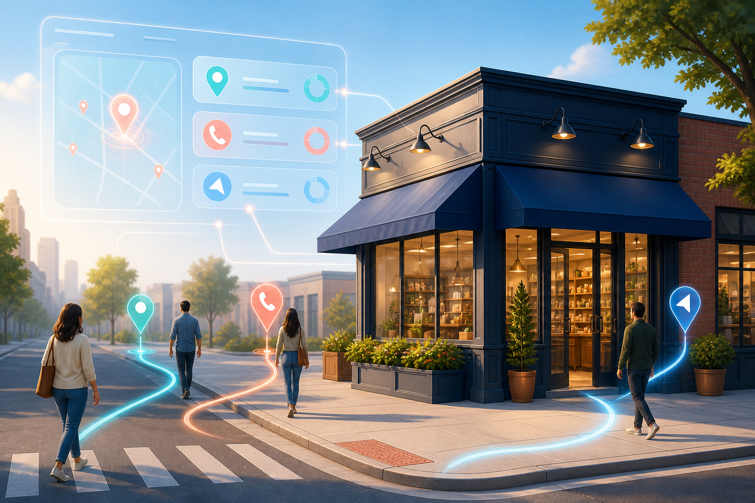 Digital illustration of nearby pedestrians being guided by location, direction and phone symbols toward a neighborhood storefront.