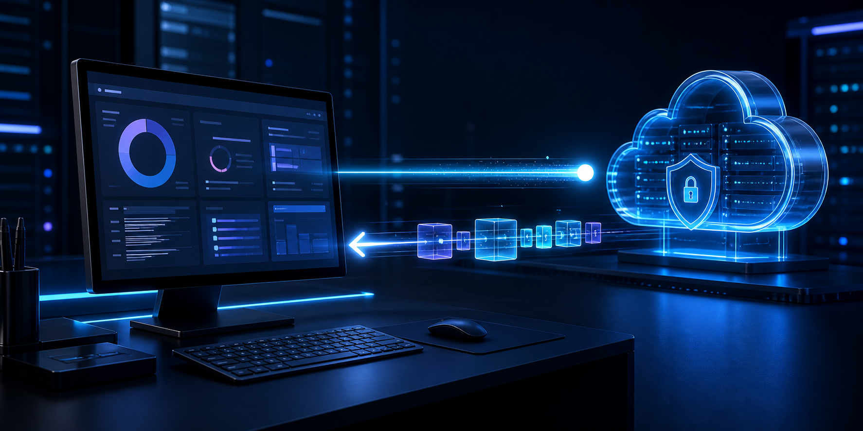 An analyst workstation exchanges glowing structured data blocks with a cloud reporting service over a short two-way connection.