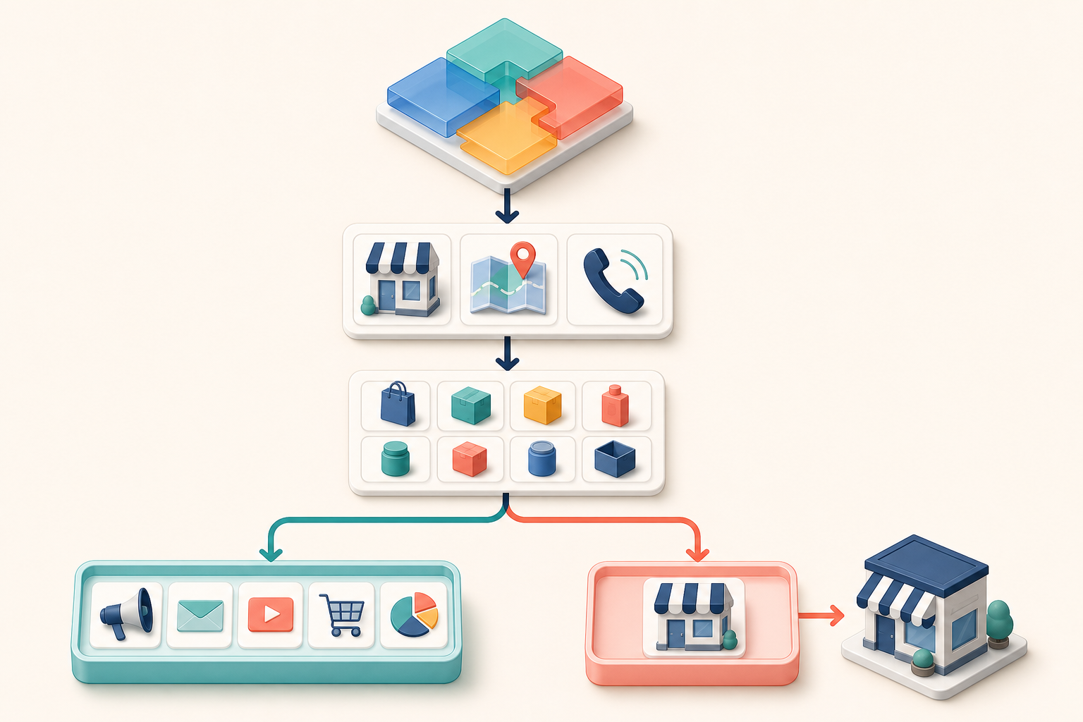 Wordless decision diagram showing campaign goals and a product feed leading to either a mixed campaign or a separate store-focused campaign.