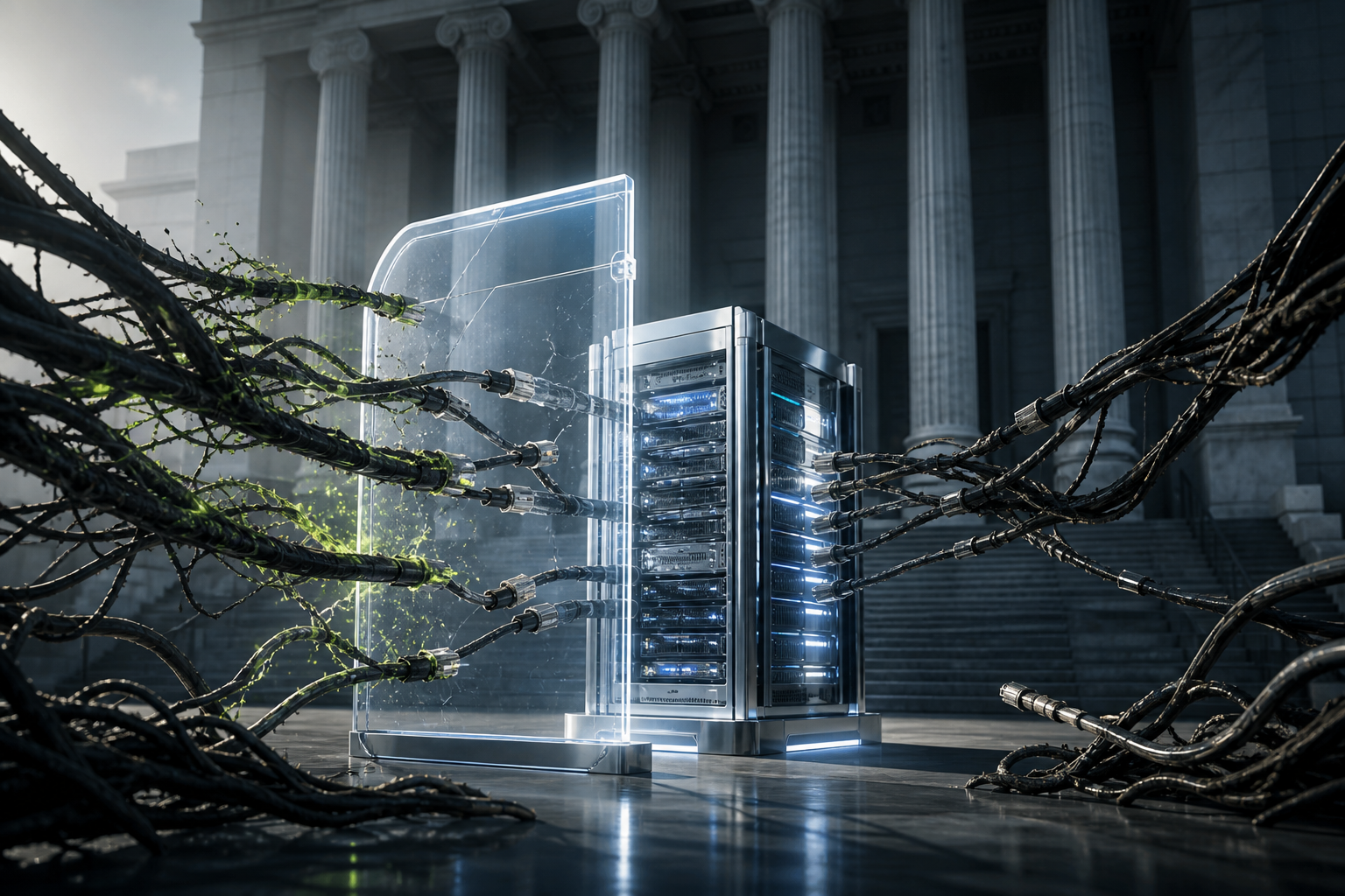 Dark link-like cables converge on a glowing web server node in front of courthouse columns, with a transparent evidence shield between them.