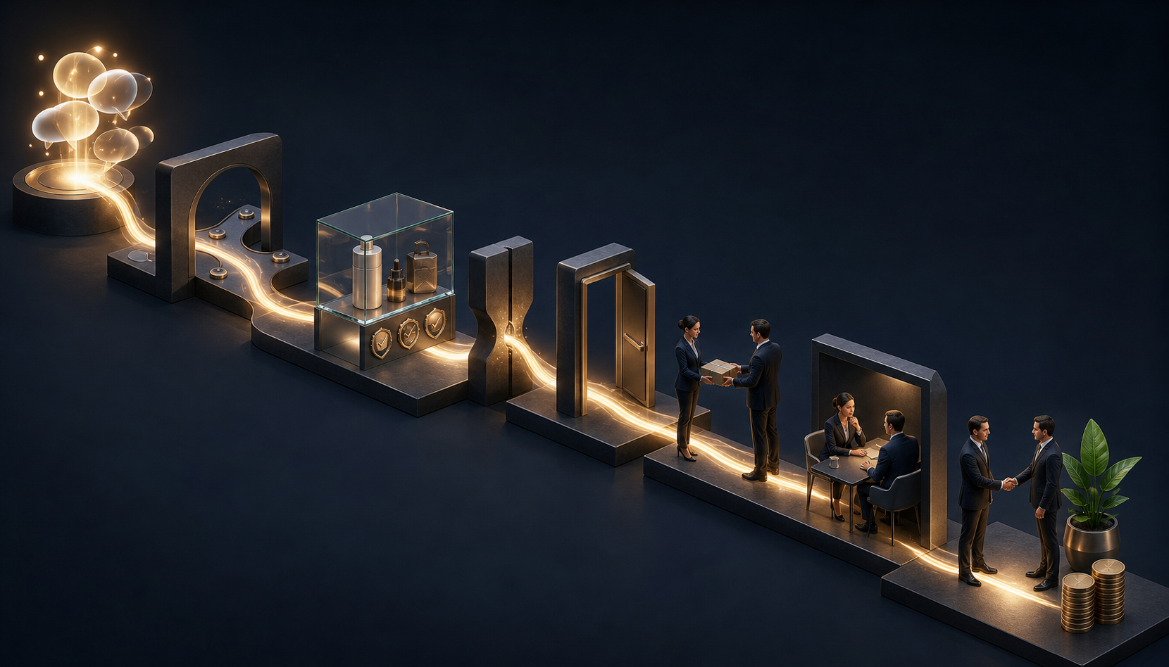 An illuminated recommendation signal passes through connected buying stages, including evaluation, evidence, follow-up, qualification, and a final commercial handshake, with one narrow gateway constraining the path.