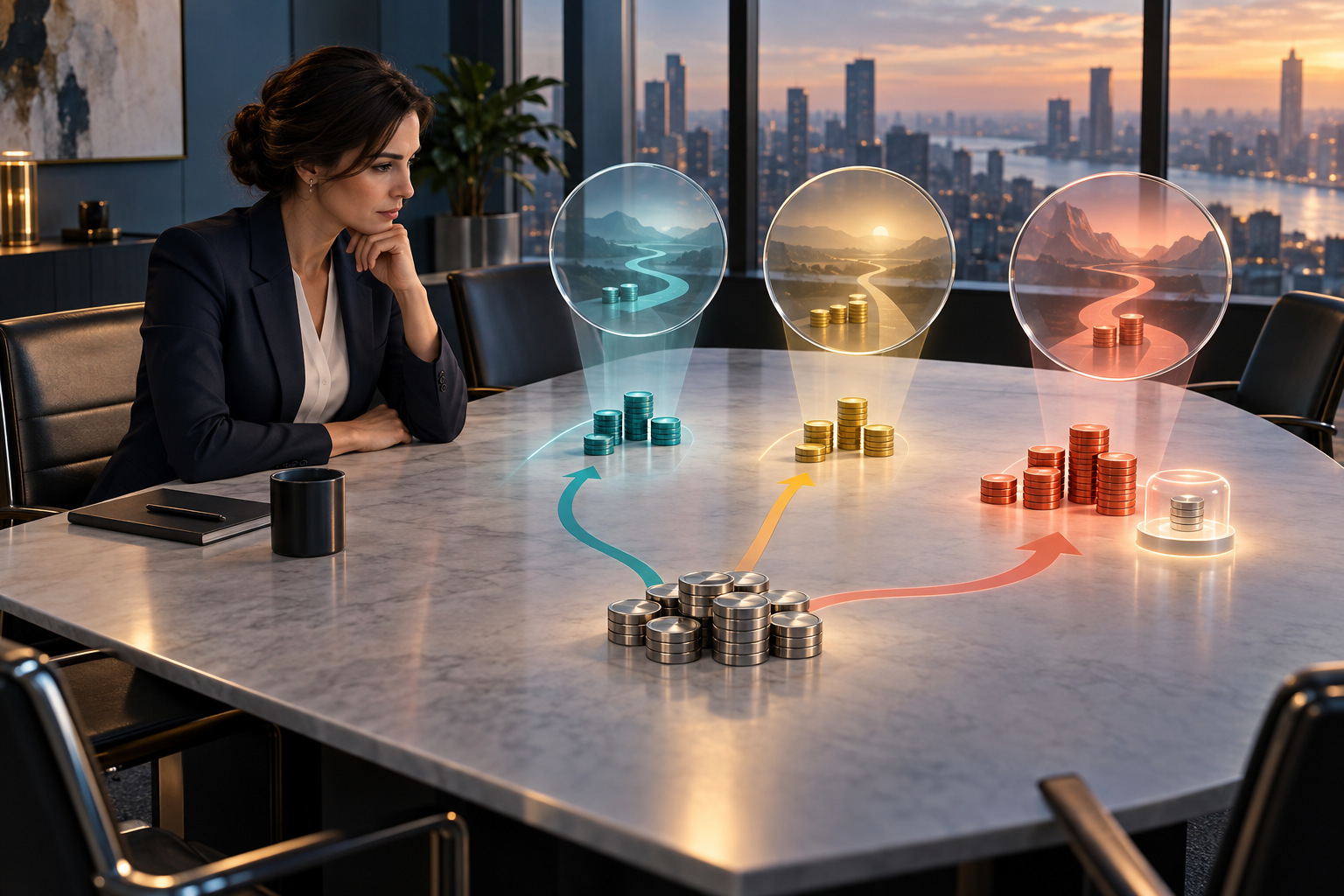 A marketing executive compares three different model projections before dividing metallic budget tokens among several colored channels.