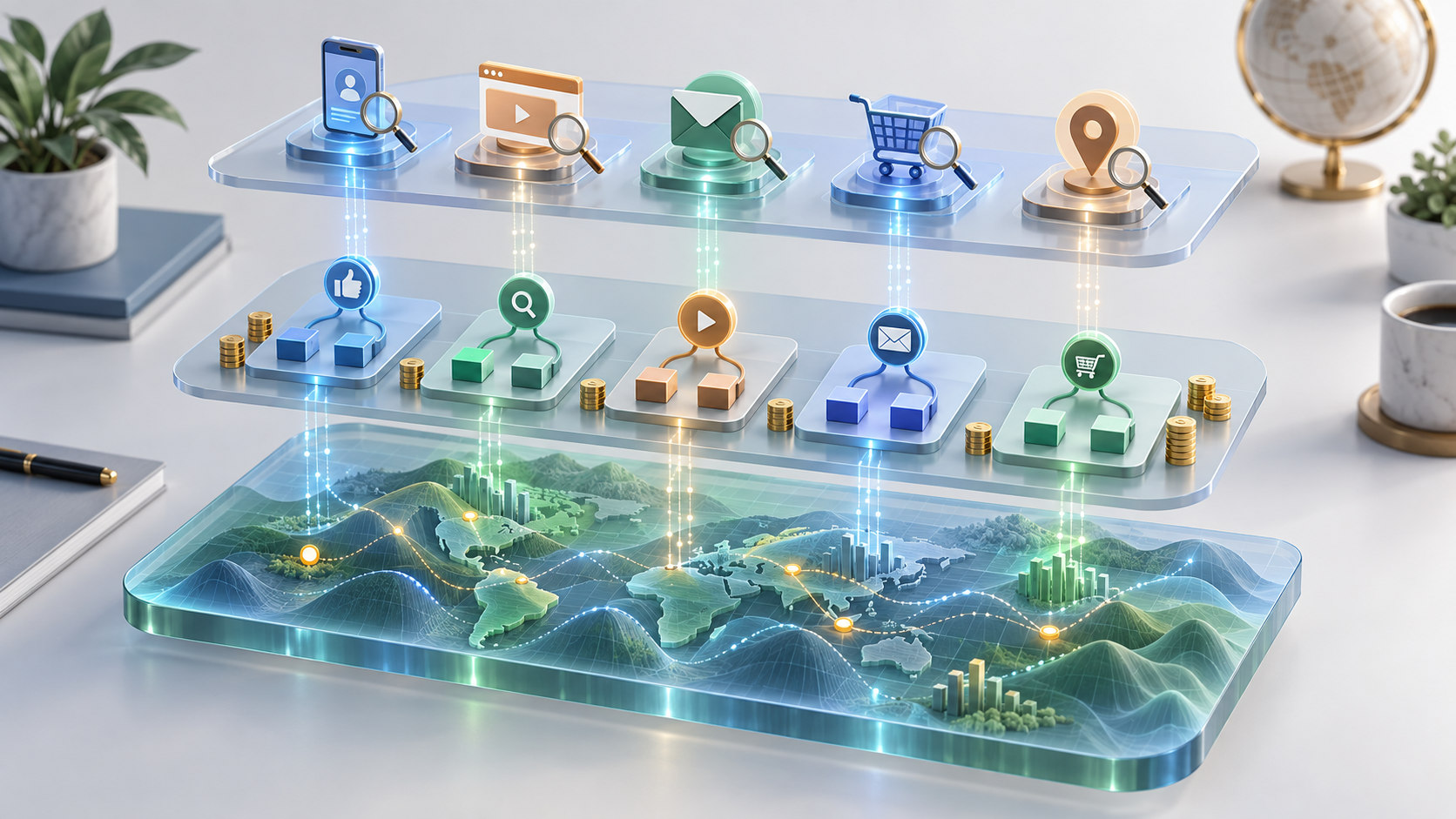 A three-layer measurement system connects a broad market model, controlled test platforms, and compact diagnostic instruments.