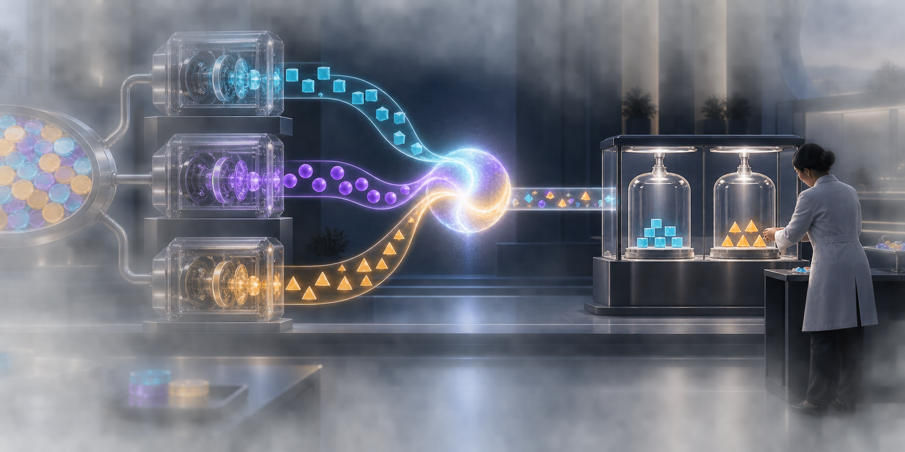 An analyst compares different allocations from three model machines and directs the unresolved decision toward a controlled experiment chamber.