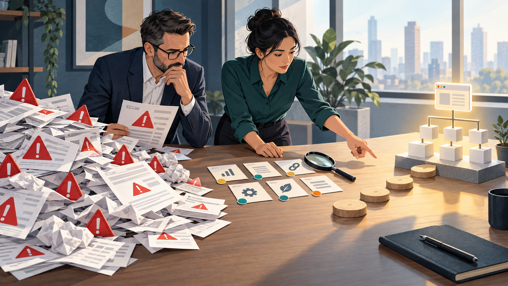 A business decision-maker and a technical specialist compare a large pile of generic warning reports with a smaller organized set of evidence and priorities beside a website model.