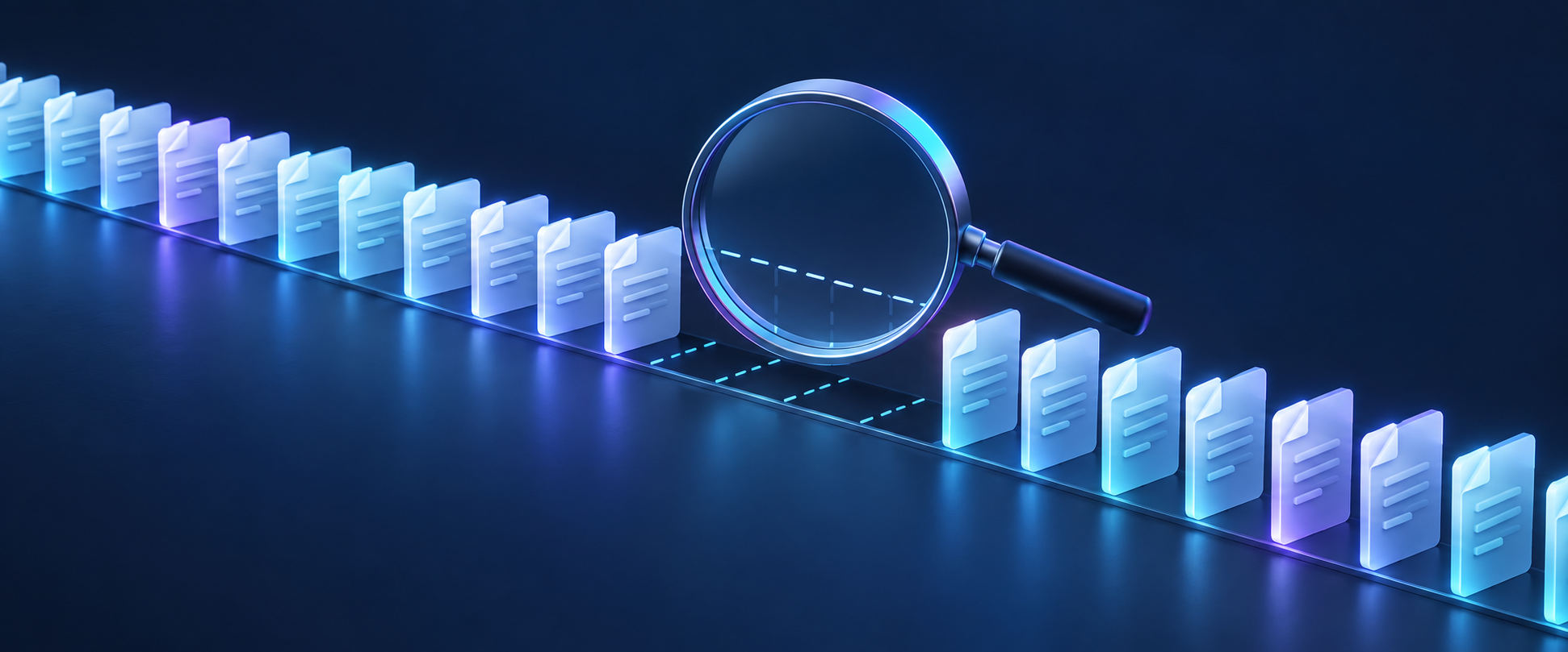 A magnifying glass examines an empty interval between two continuous rows of glowing webpage tiles.