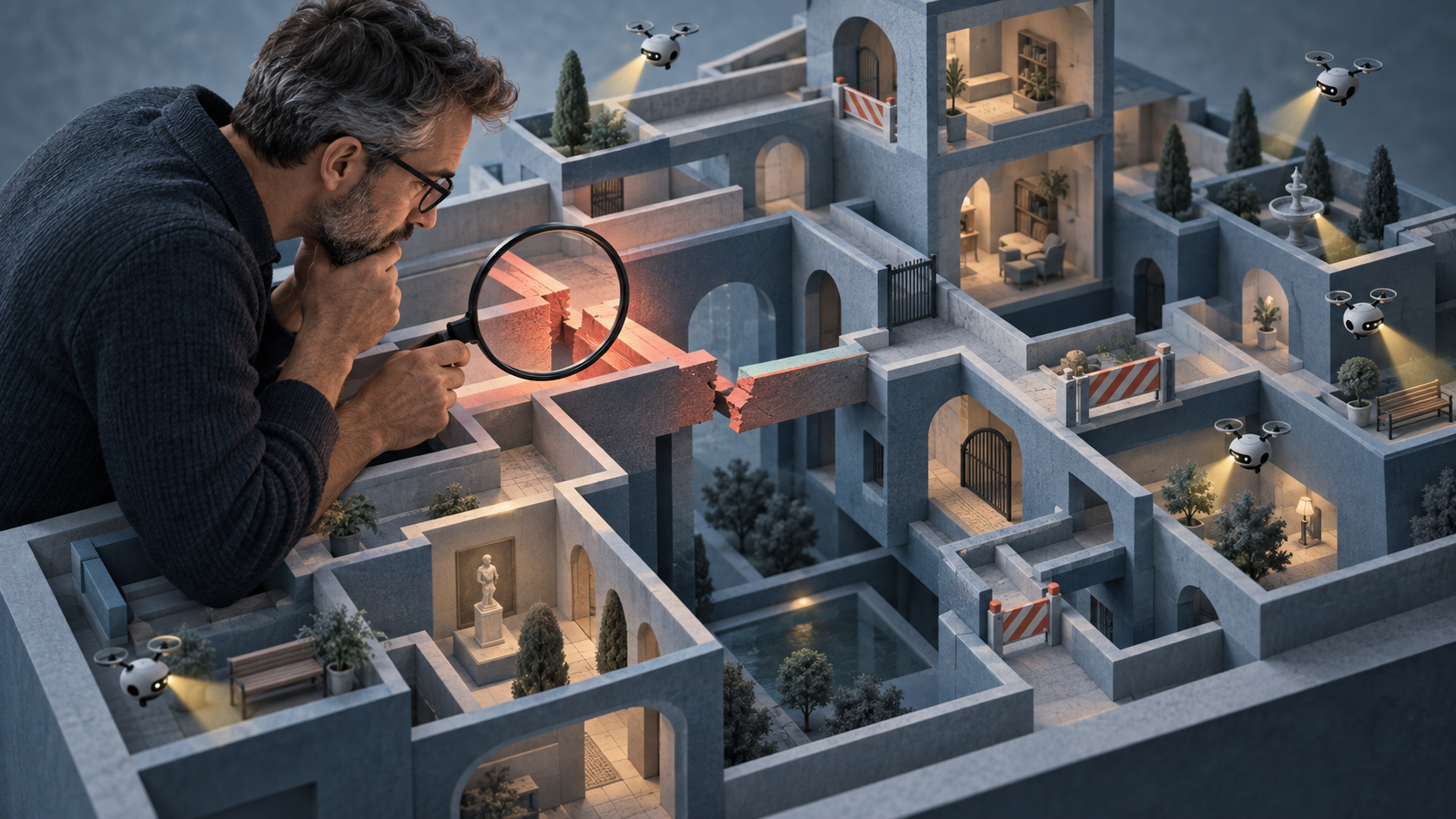 A specialist inspects a layered website structure with a magnifying lens while automated devices flag both harmless details and one broken connection.