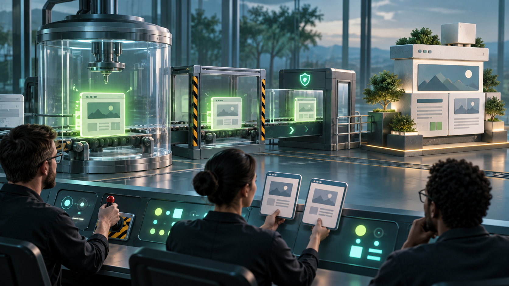 A technical team tests a website component in a transparent staging chamber before moving it toward a balanced production structure.