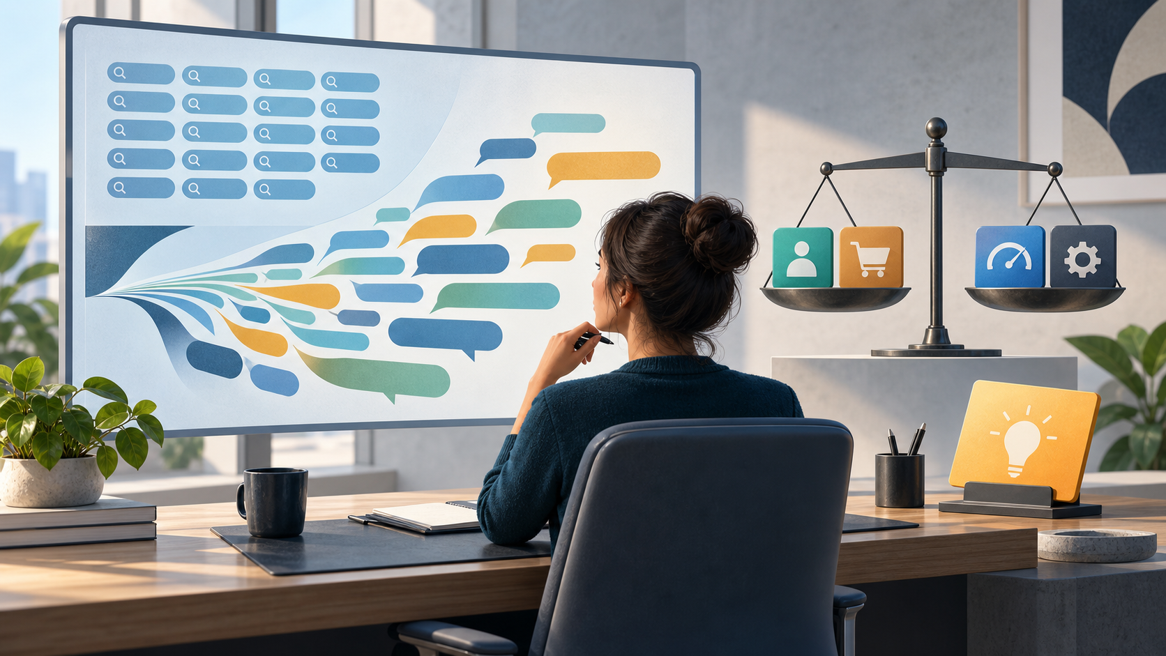 An analyst studies abstract search-query patterns while a balanced scale represents several performance factors and a recommendation card sits aside.
