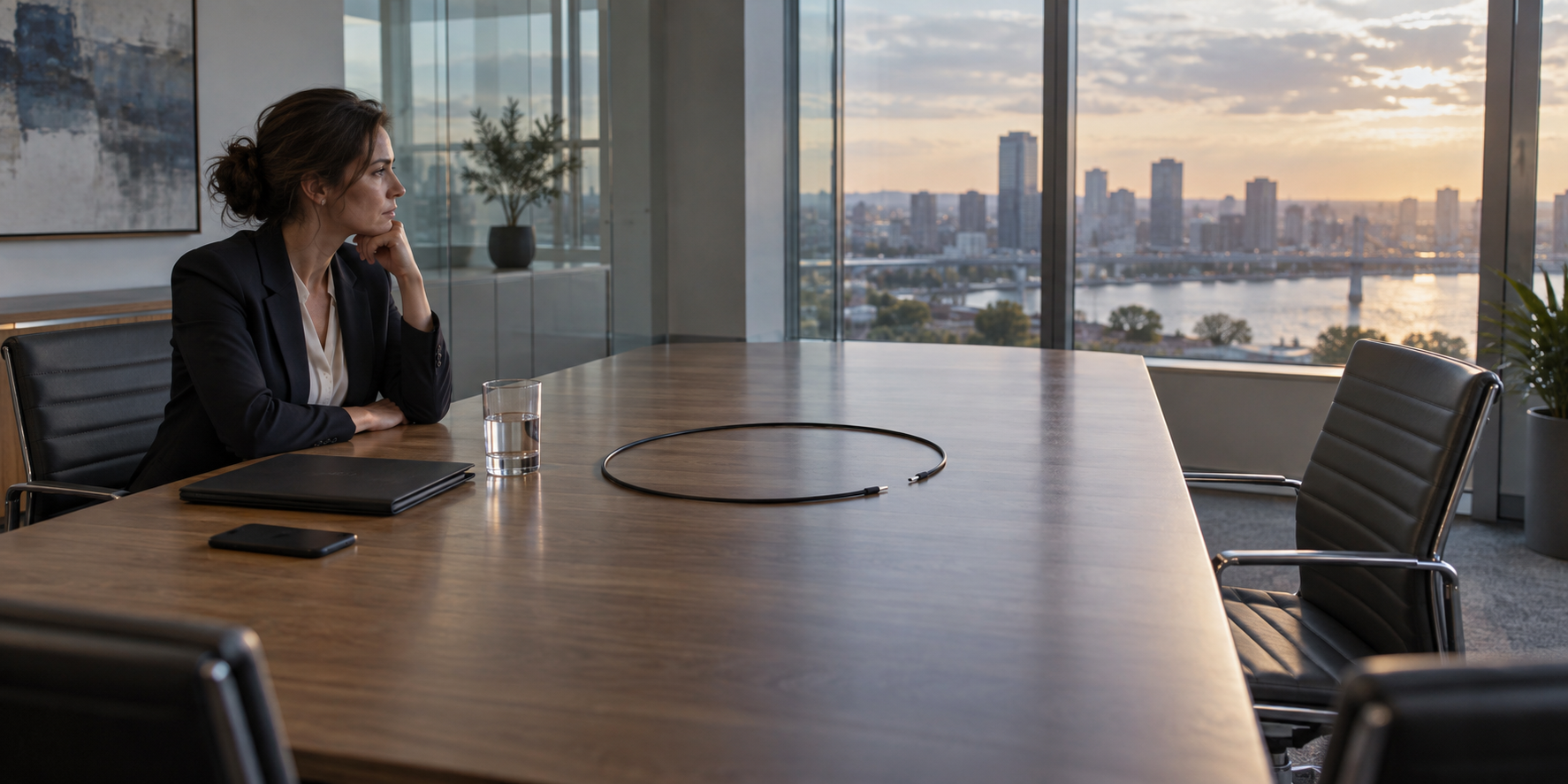 A professional sits across from an empty chair in a meeting room beside a cable arranged as an incomplete circle on the table.