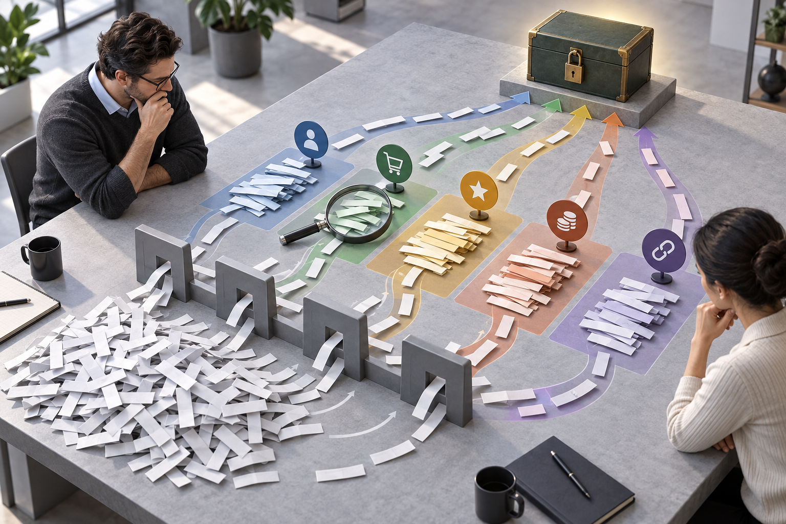 Two analysts organize abstract search-query strips into evidence groups before opening a budget container.