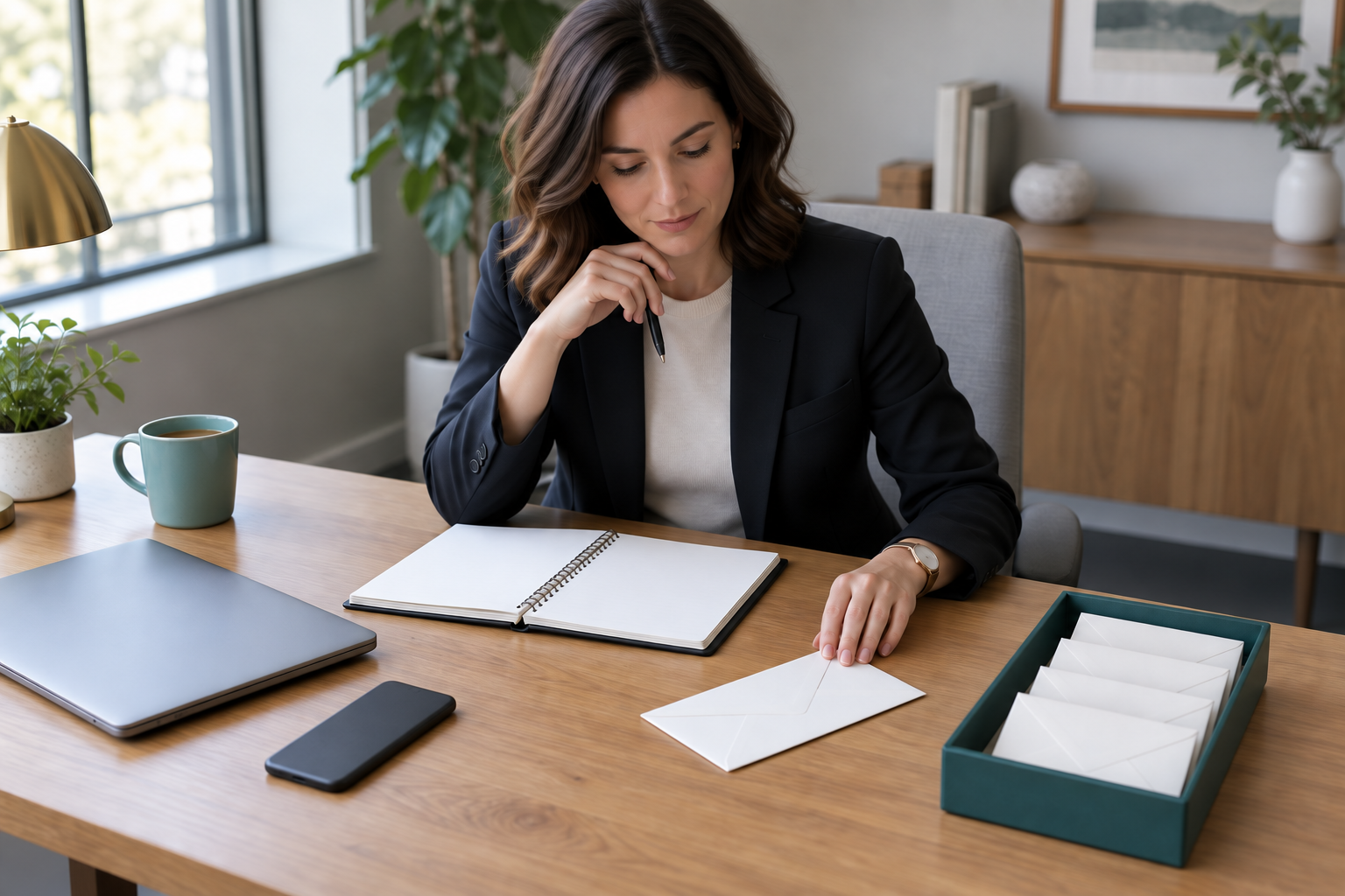 A calm professional reviews a blank planner at an organized desk with one sealed envelope, a face-down phone, and a closed laptop.
