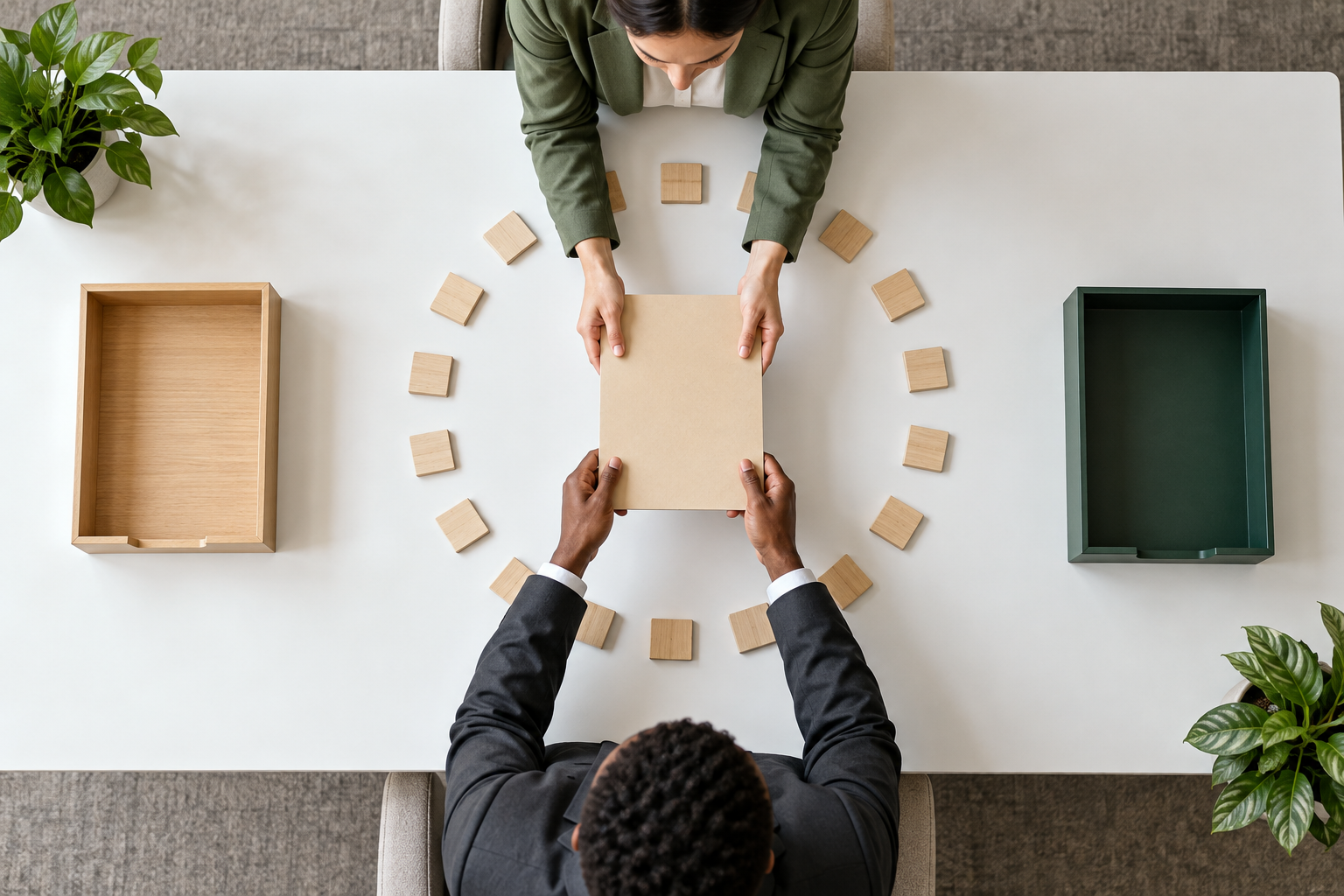 Two professionals exchange an unmarked folder over a project table where blank wooden tiles form a complete circle.