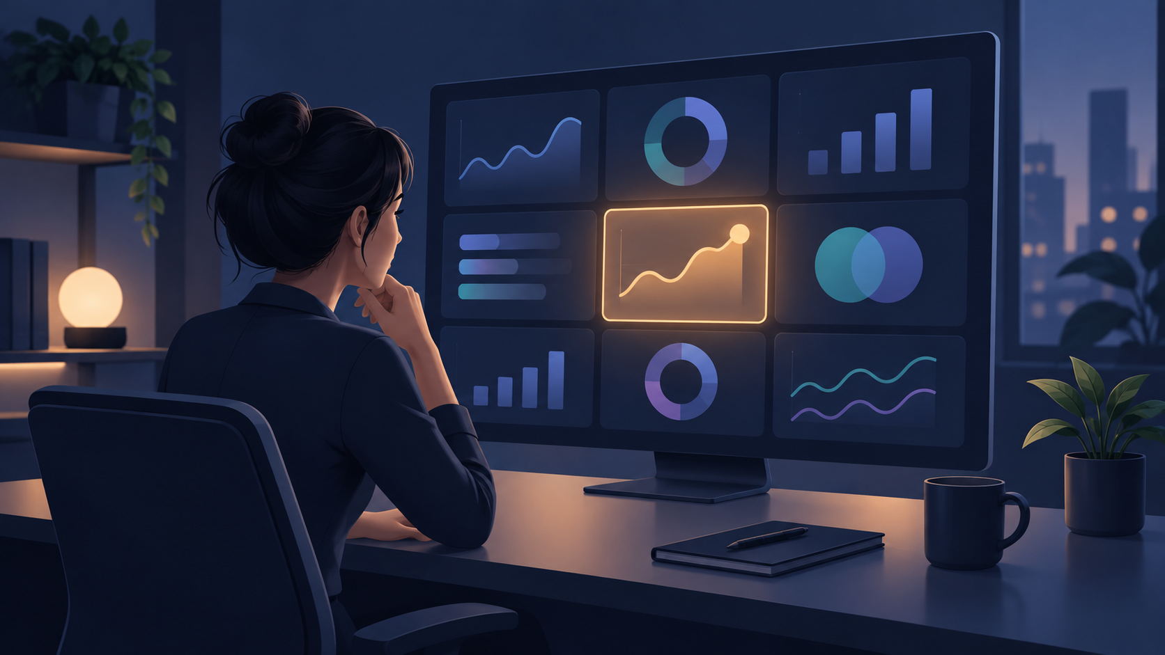 An analyst studies a modular analytics dashboard with abstract trend, bar, and circular indicator tiles on a large grid.