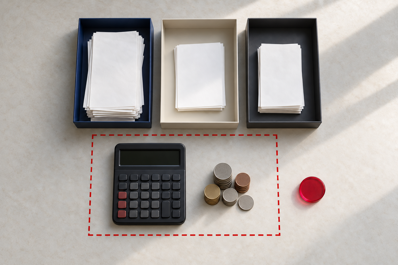 A calculator, blank receipts, coins, and a separate translucent credit token are arranged on a desk to represent advertising costs and an unavailable credit.