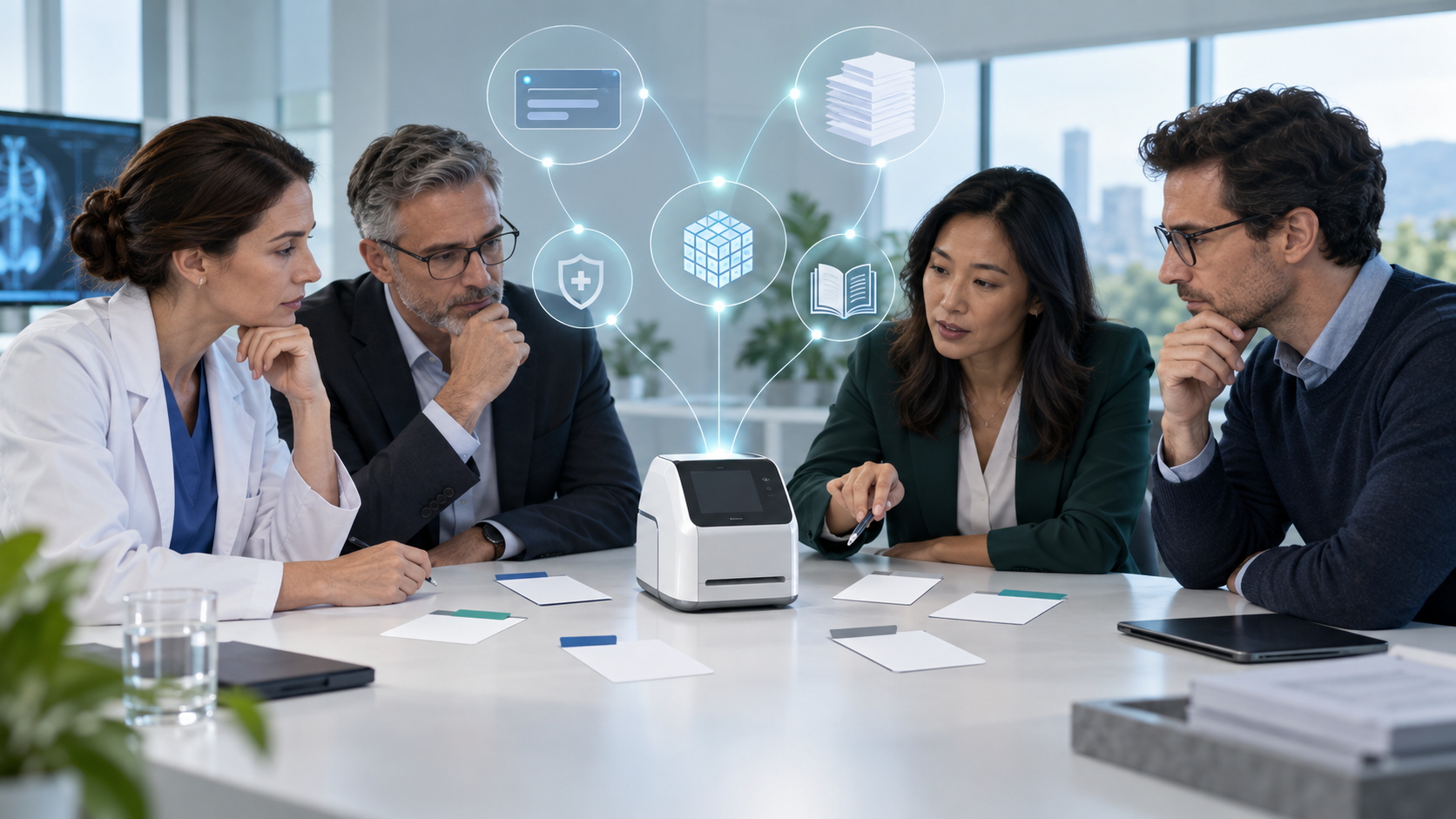 A clinical, regulatory, marketing, and technical team evaluates an unbranded diagnostic device surrounded by evidence cards and a glowing network of connected information sources.