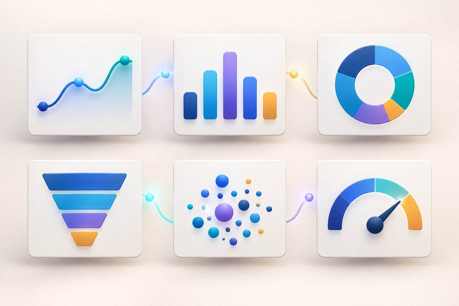 Six dashboard cards display abstract line, bar, ring, funnel, dot, and gauge visualization forms.