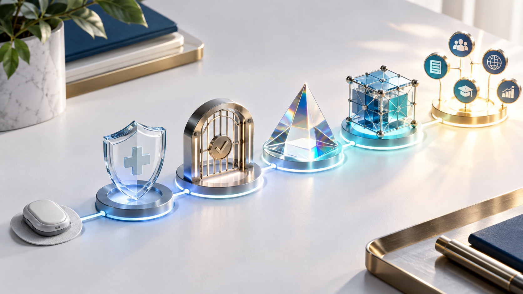 An unbranded medical sensor follows a tabletop path through a transparent shield, approval gate, evidence prism, data cube, and independent source markers.