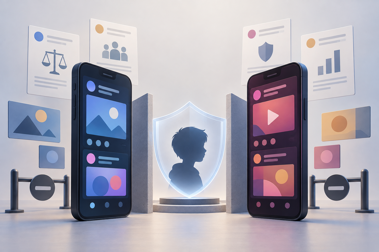 Two unbranded smartphones with abstract social feeds face a protective shield surrounding a youth-profile silhouette, with separate document cards behind them.