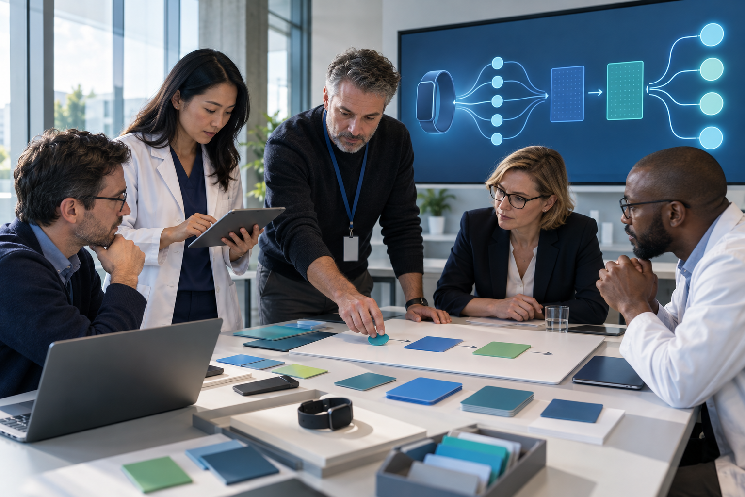 A medtech client and agency team test a review workflow with a wearable device, approval cards, and an abstract source-to-answer display.