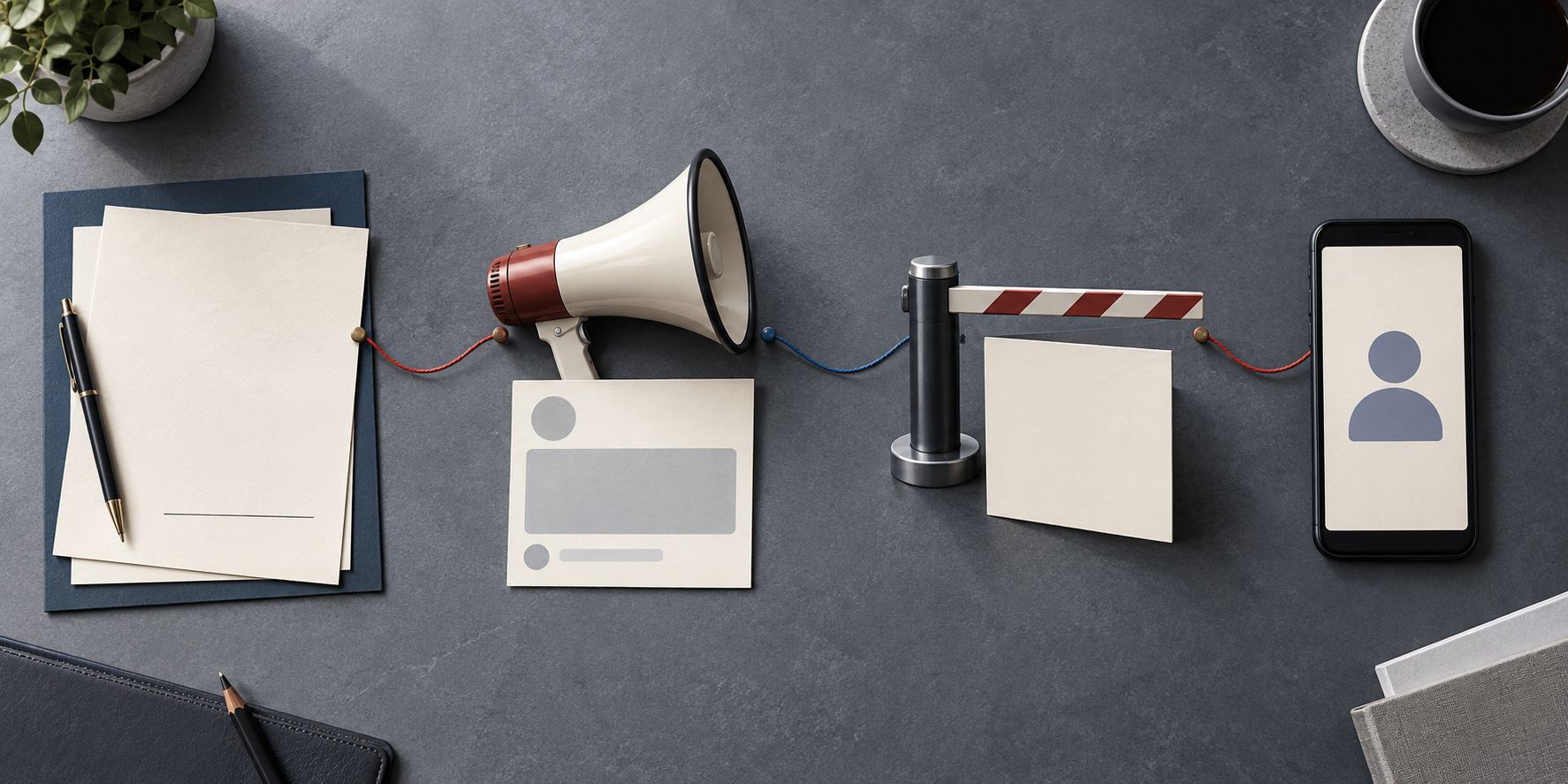 Four separate evidence stations on a newsroom desk depict an agreement, a pressure campaign, a blocked advertisement, and youth media use connected by colored threads.