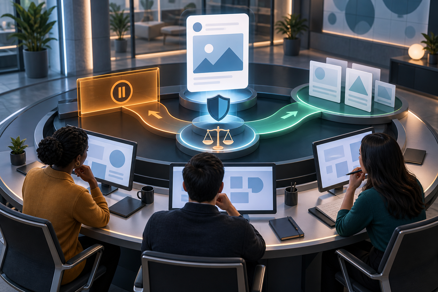 Three professionals review an abstract social media advertisement at a layered governance checkpoint with a shield, balance scale, and branching paths.