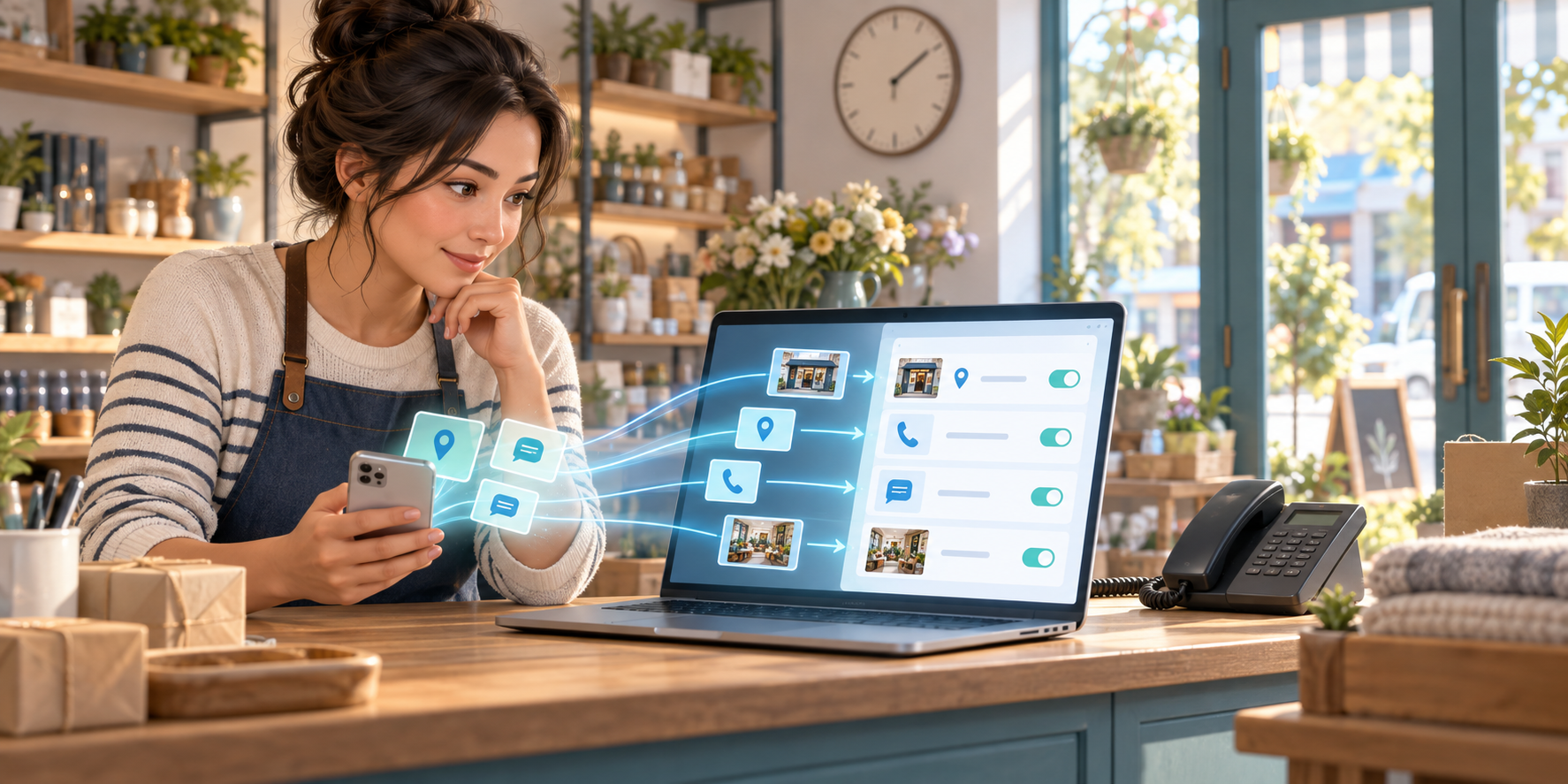 A business owner compares automatically collected profile details on a laptop with information visible inside the shop.