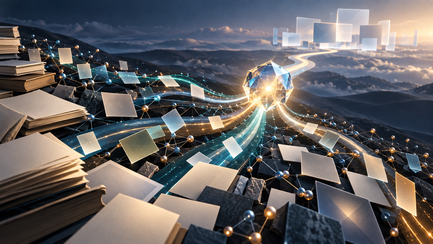 A glowing faceted information core emerges from layered source materials and connects to several abstract digital answer pathways.