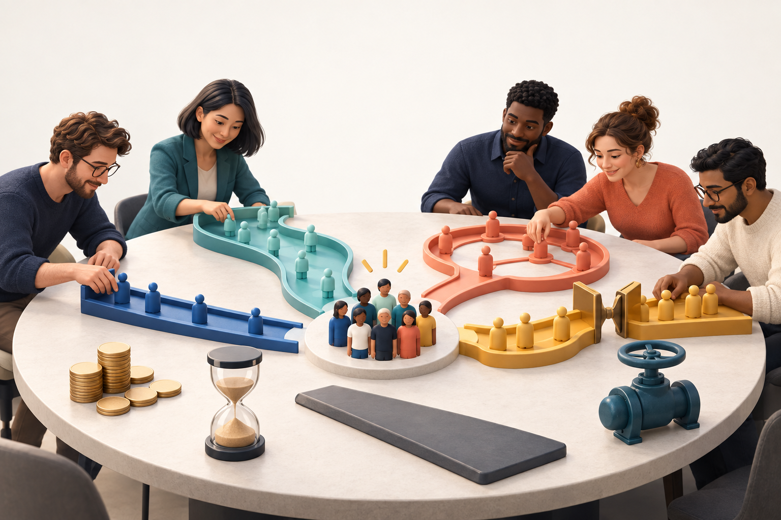 A small-business team arranges several color-coded customer acquisition pathways around a strategy table beside budget tokens and an hourglass.