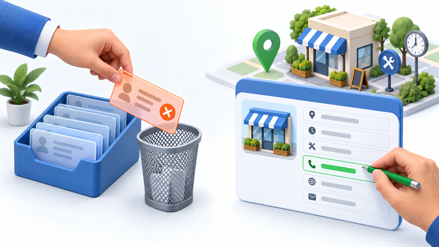 One hand removes an incorrect collected data card while another updates the matching field in a separate public business profile.