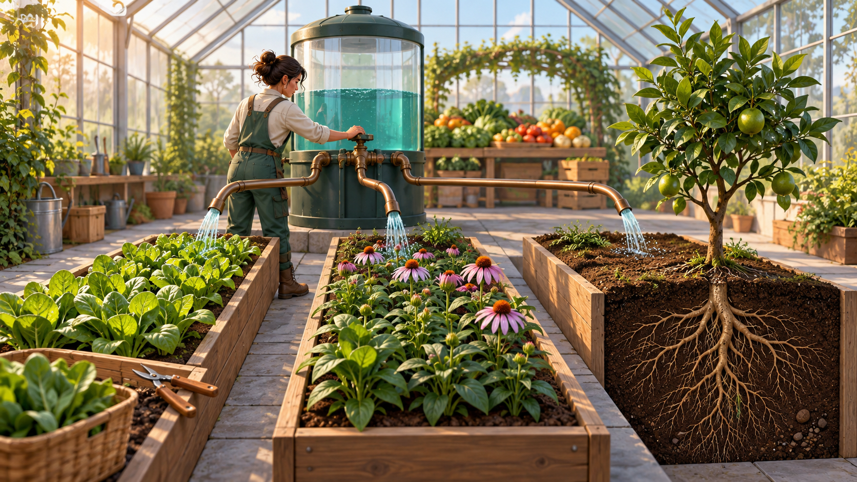 A strategist waters quick-growing sprouts, flowering plants, and a deeply rooted young fruit tree in three greenhouse beds.