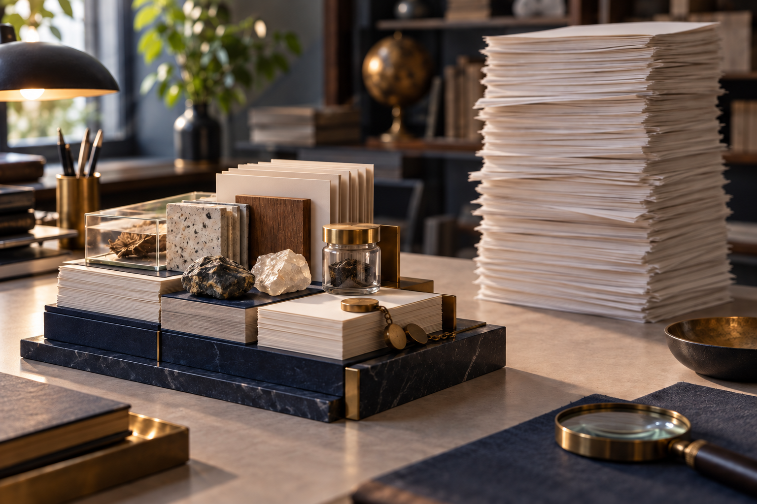 A compact prism built from research materials sits beside a tall stack of blank, repetitive paper sheets on a worktable.