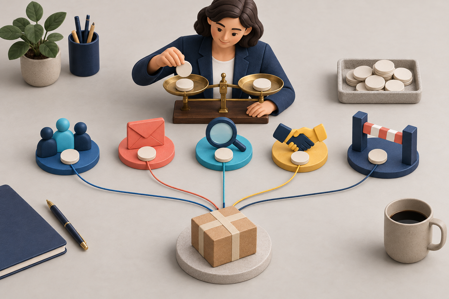 An analyst balances blank cost tokens among several connected marketing touchpoints that lead to a packaged purchase.