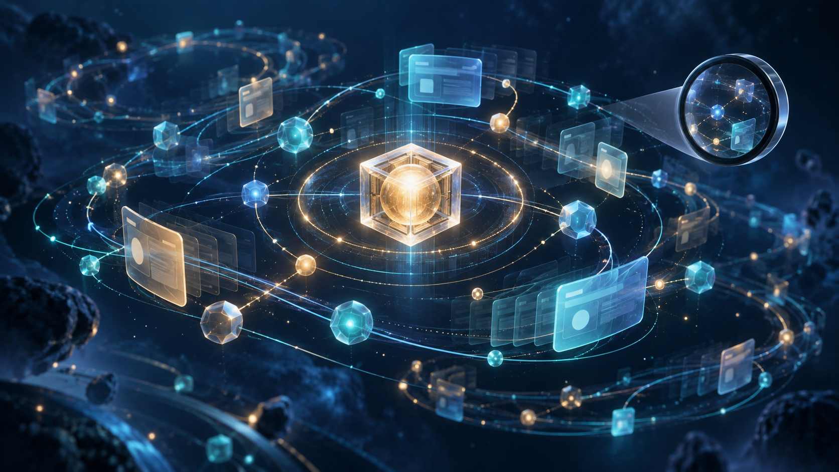 A stable knowledge object is surrounded by shifting translucent pathways and nodes observed through a monitoring lens.