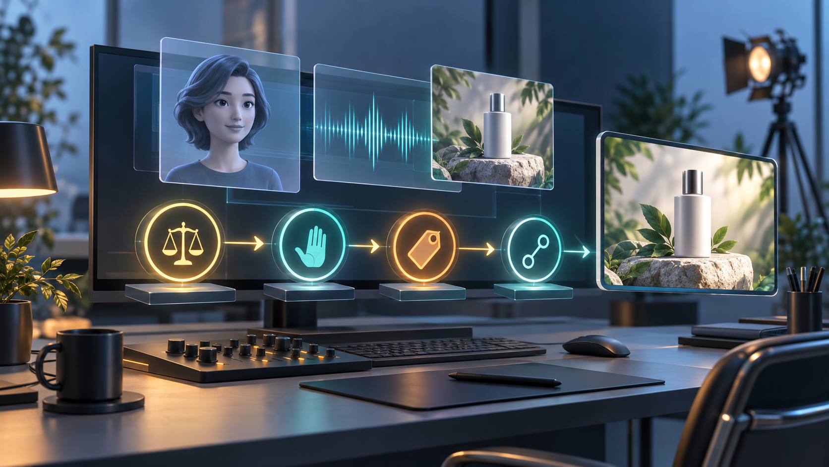 A digital advertising workspace with synthetic image and audio layers moving through four illuminated approval checkpoints.
