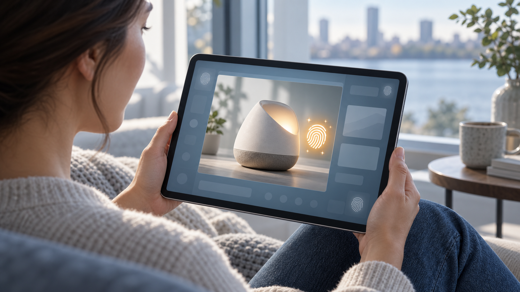 A person views a tablet ad with an abstract disclosure symbol placed directly beside the synthetic image.