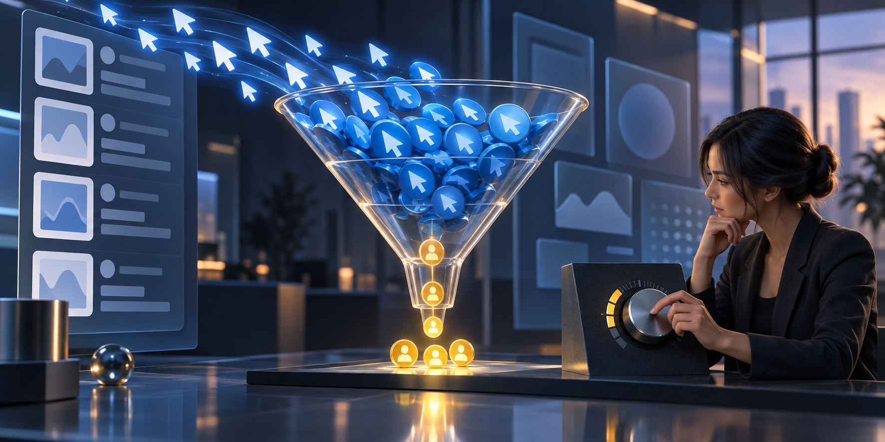 A marketing analyst adjusts a budget dial beside a glass funnel where many blue click symbols narrow into a few gold lead markers.