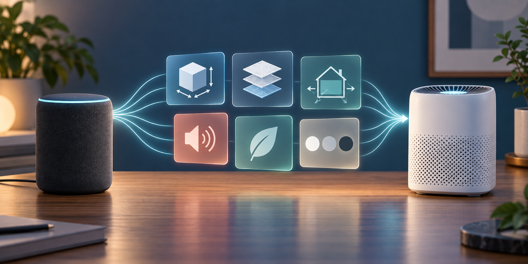 A generic smart speaker sends glowing sound waves through organized product-attribute tiles toward a compact air purifier.