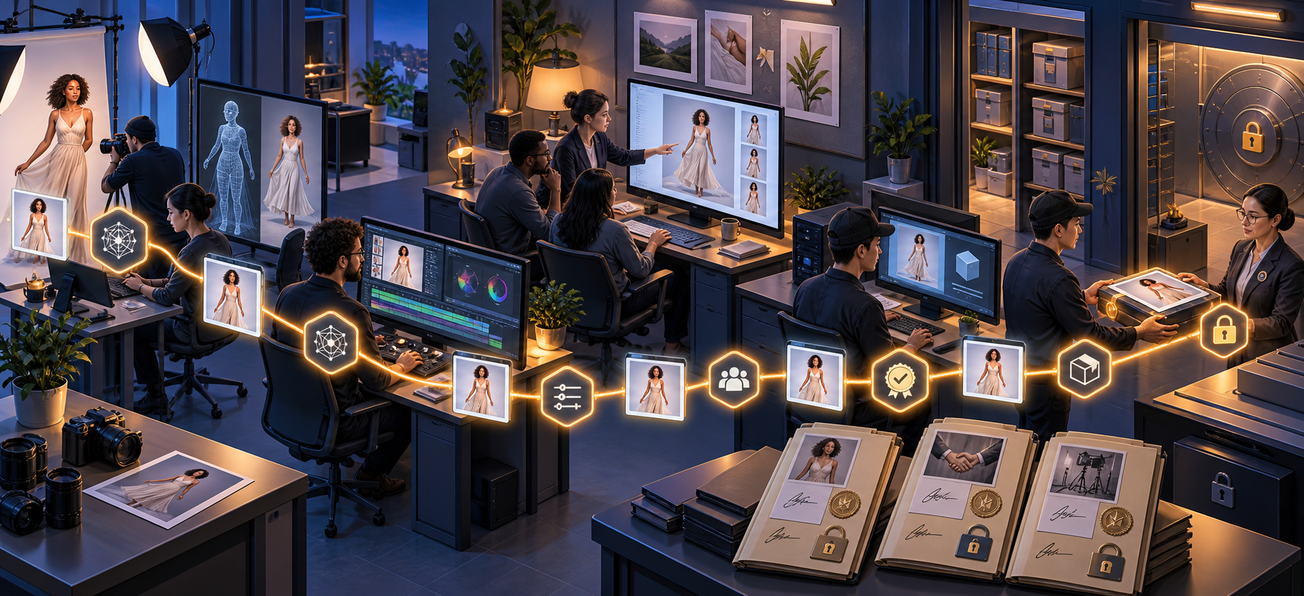 A creative team preserves connected provenance markers while storing permission and approval records in a secure archive.