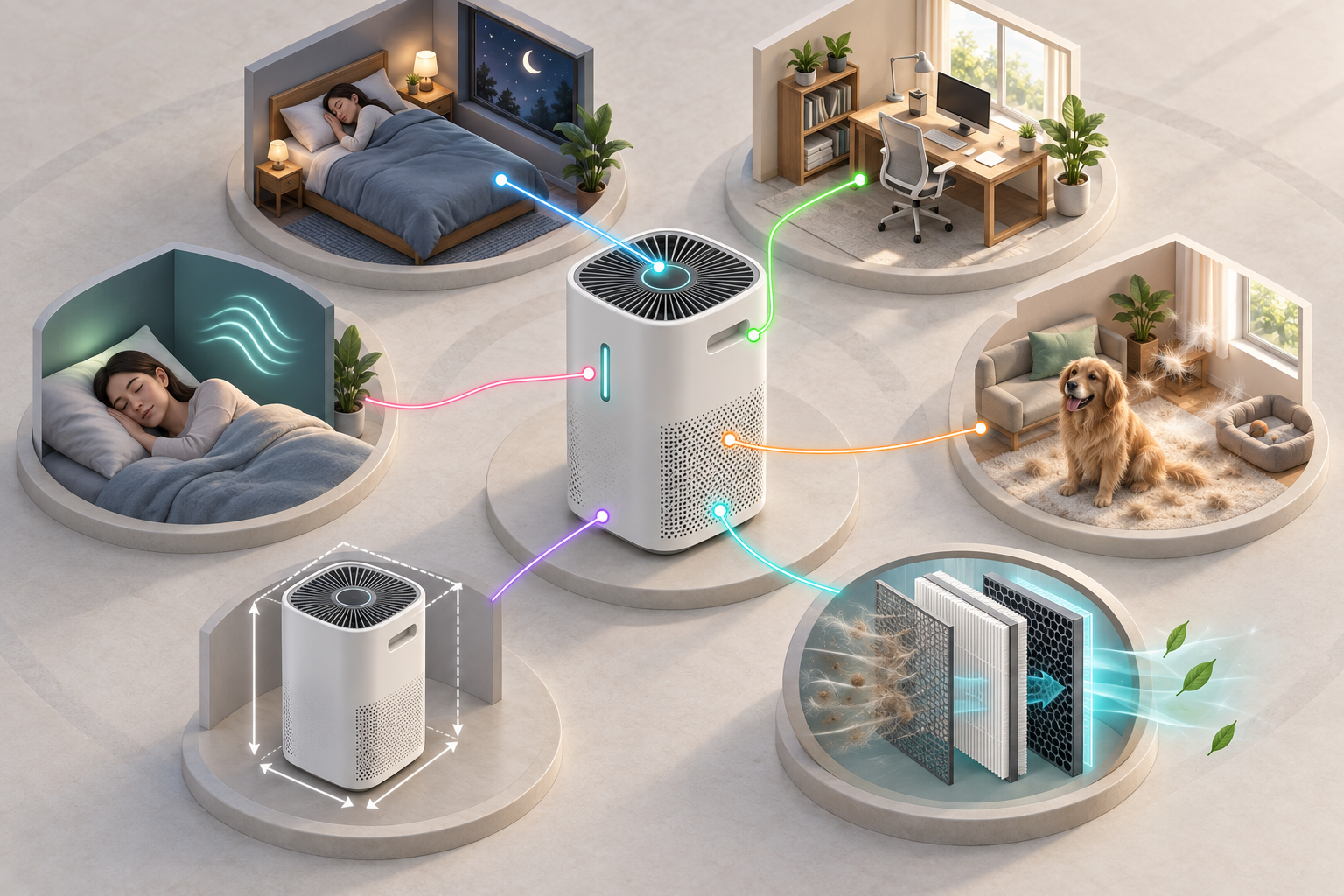 A central air purifier is connected by colored paths to visual scenes representing room, pet, filtration, size, office, and quiet-use needs.