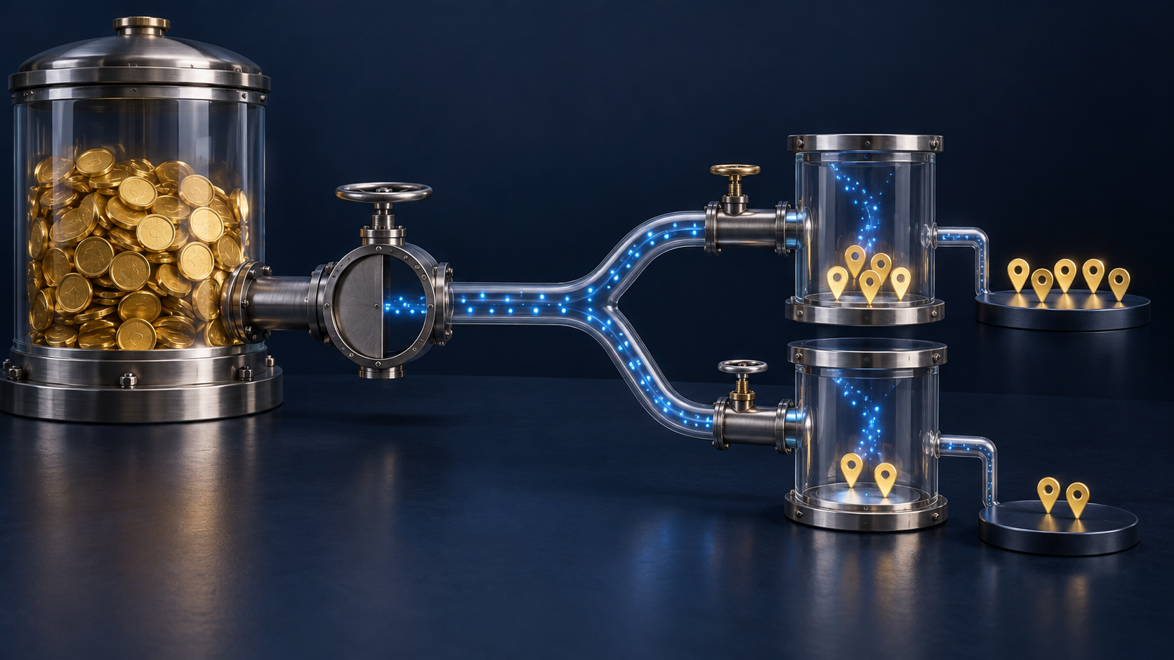 A branching pipeline sends blue traffic particles through two small test chambers while most gold budget tokens remain behind a partially closed gate.