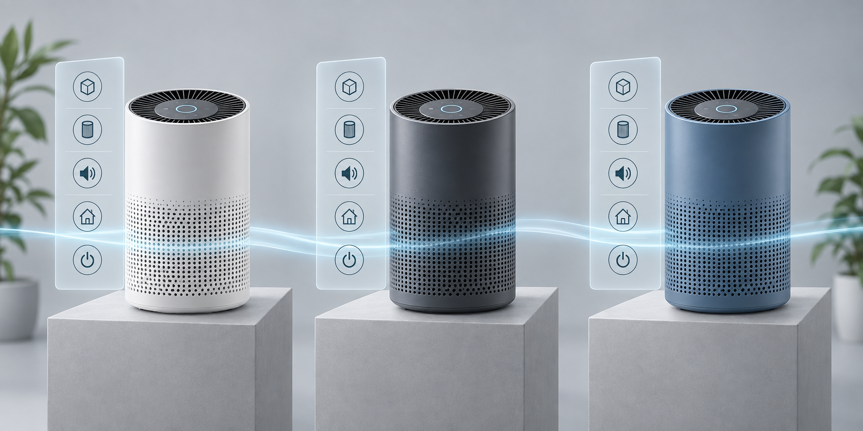 Three color variants of the same air purifier display identical features and matching icon-based product information.