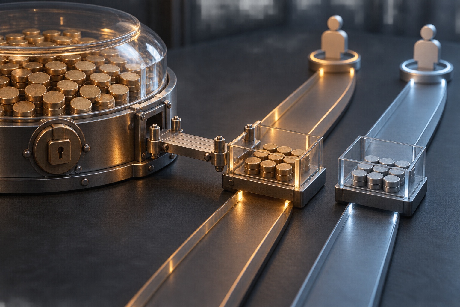 A small tray of budget tokens is isolated in a transparent test compartment beside a separate control lane and a larger protected reserve.