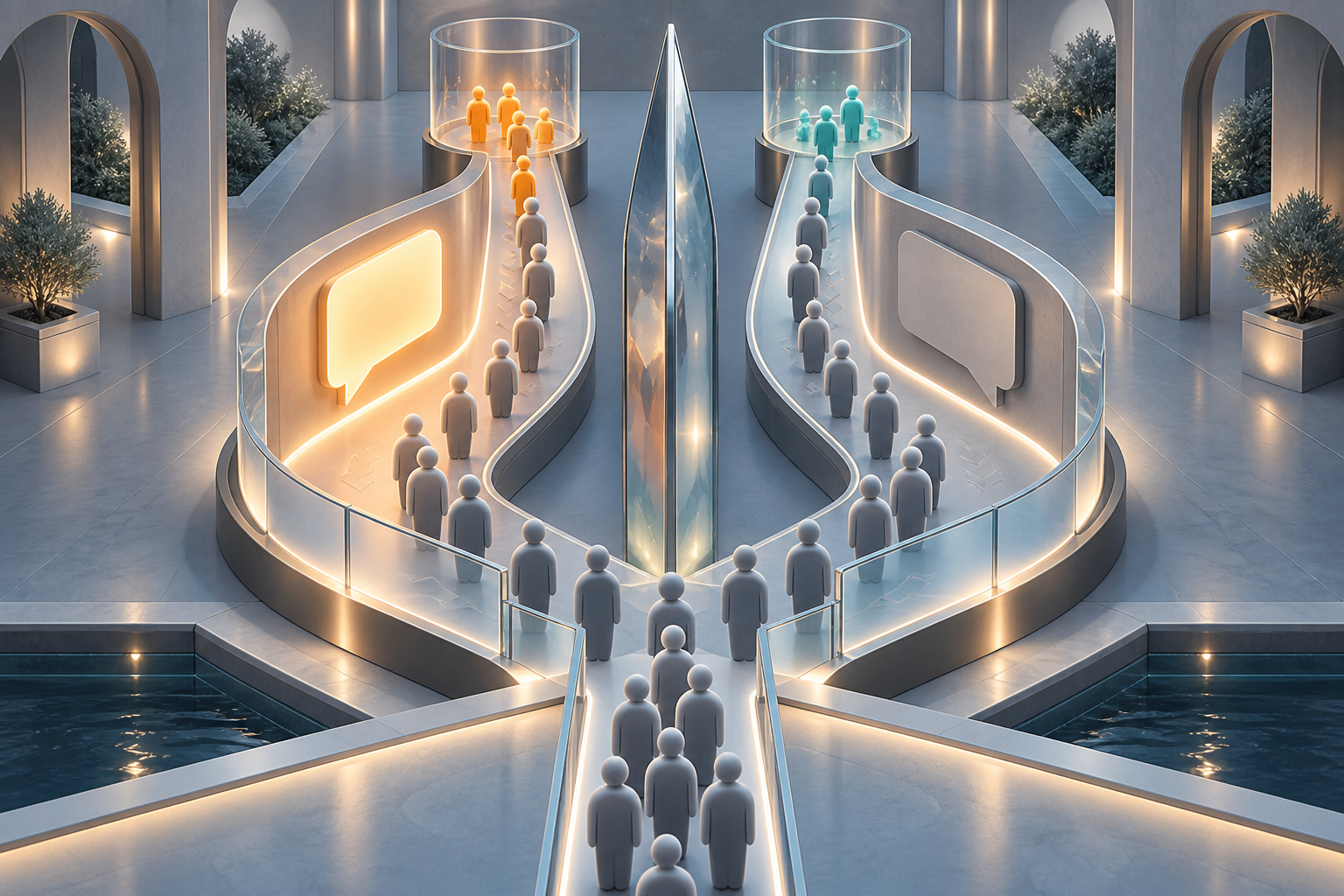 Two matched groups of anonymous customer figures move through parallel test and control pathways, with one group encountering a glowing speech-bubble ad surface.