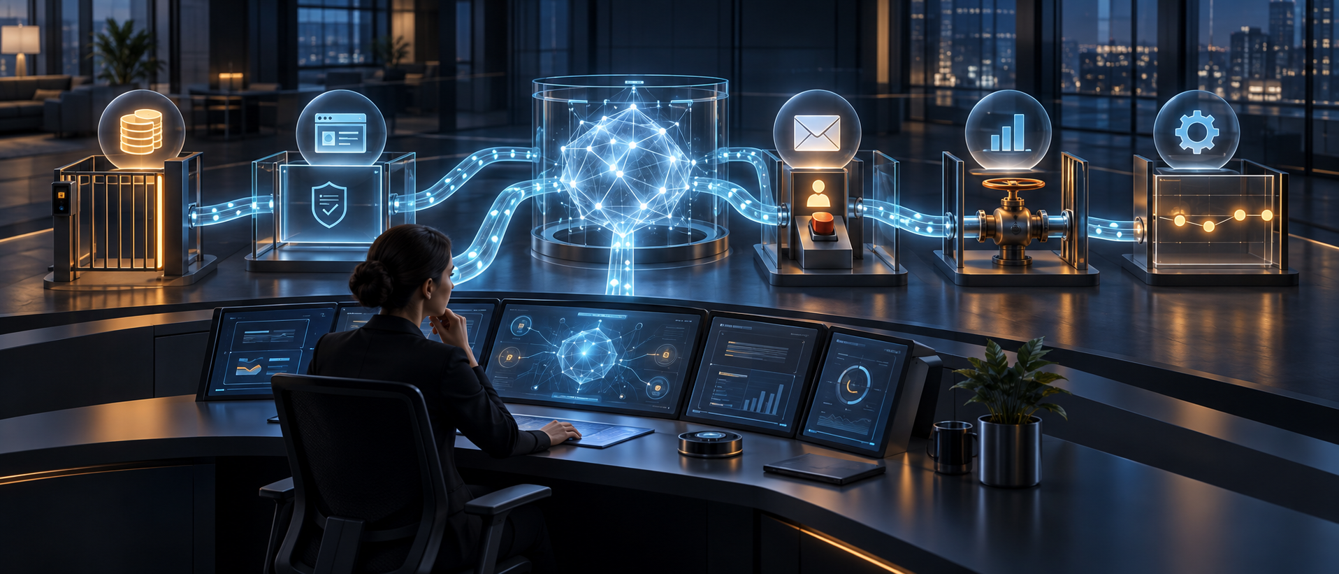 A marketing lead oversees glowing AI pathways that pass through access gates, policy checkpoints, an approval control, and an audit trail before reaching campaign actions.