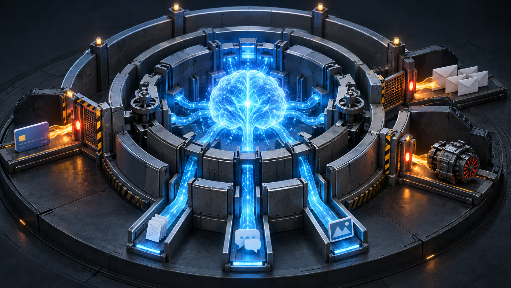 An abstract AI core is surrounded by separate layers of permissions, rule gates, rate controls, and a locked execution chamber that block risky actions.