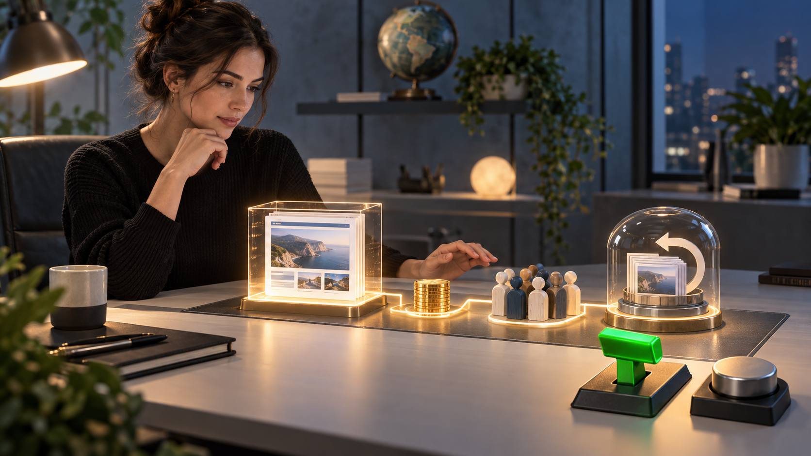 A campaign operator reviews a website publication package, audience envelope, spending token, and rollback component before choosing between separate approval and rejection controls.