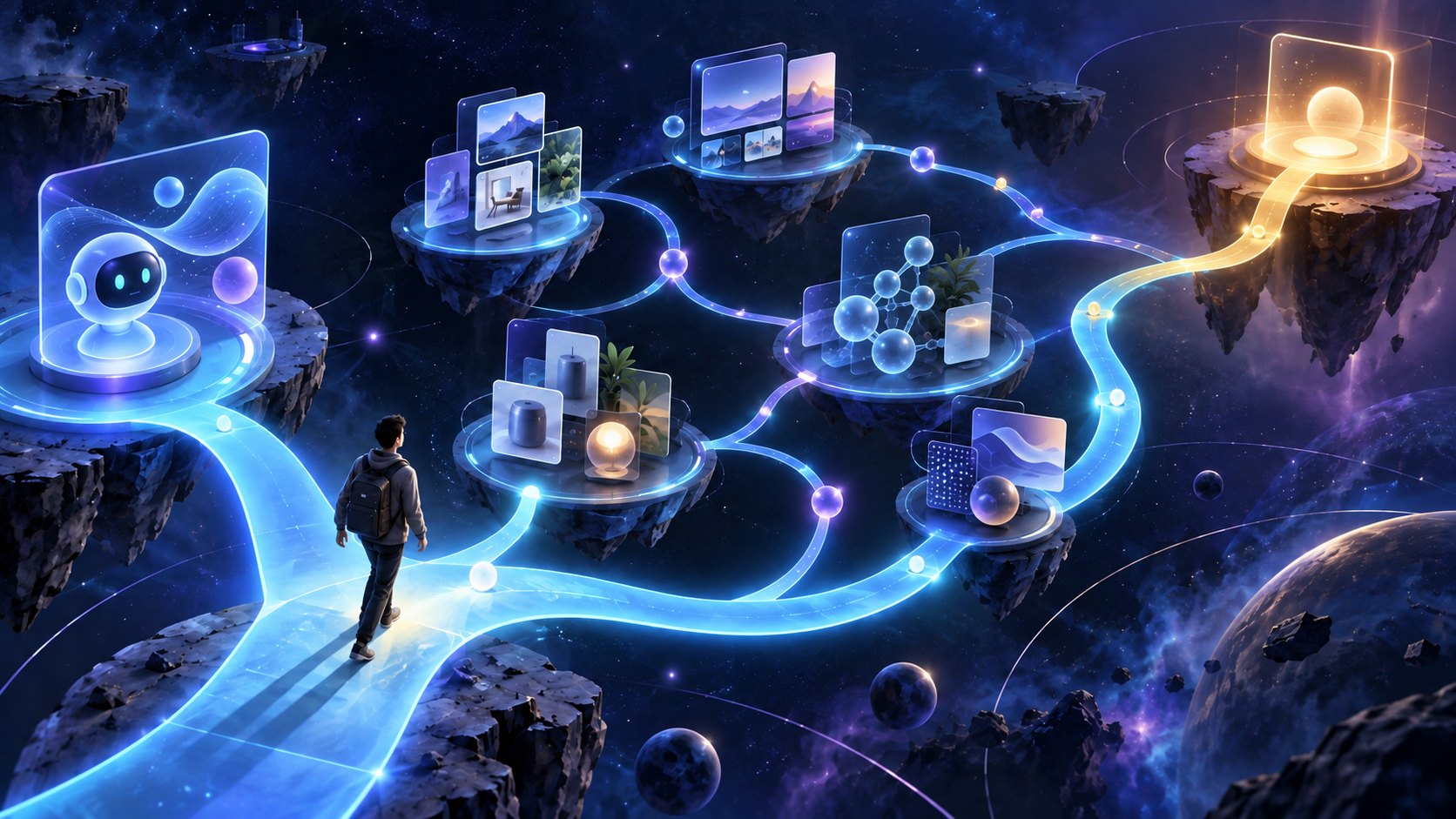A person follows branching illuminated paths from AI-assisted discovery through evidence gathering and search confirmation toward a final decision.
