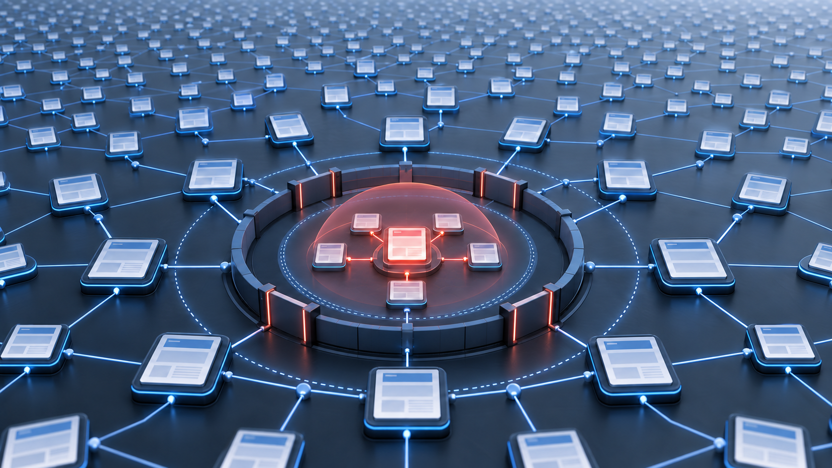 Containment rings isolate a glowing test cluster from a much larger network of website-page tiles.